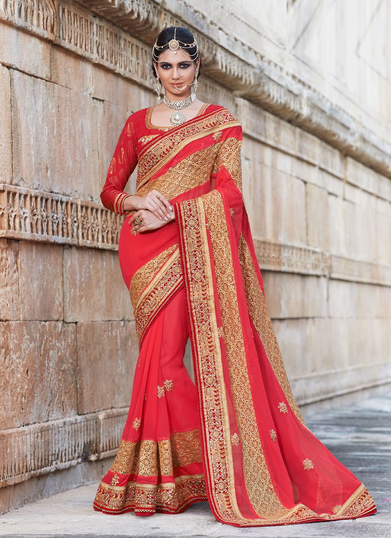 Red Banarasi Georgette Embroidered Zari lace patch border work wedding saree